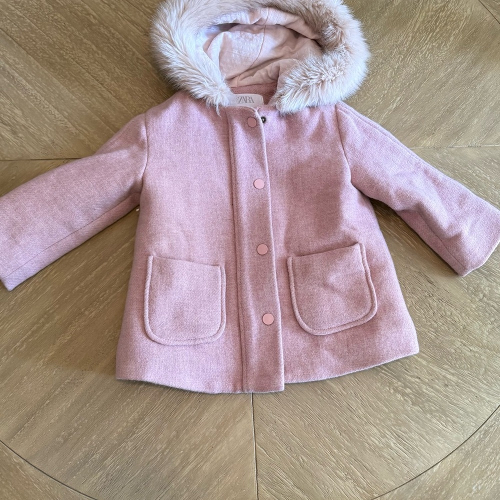Zara Blush Pink Coat with Faux Fur Hood